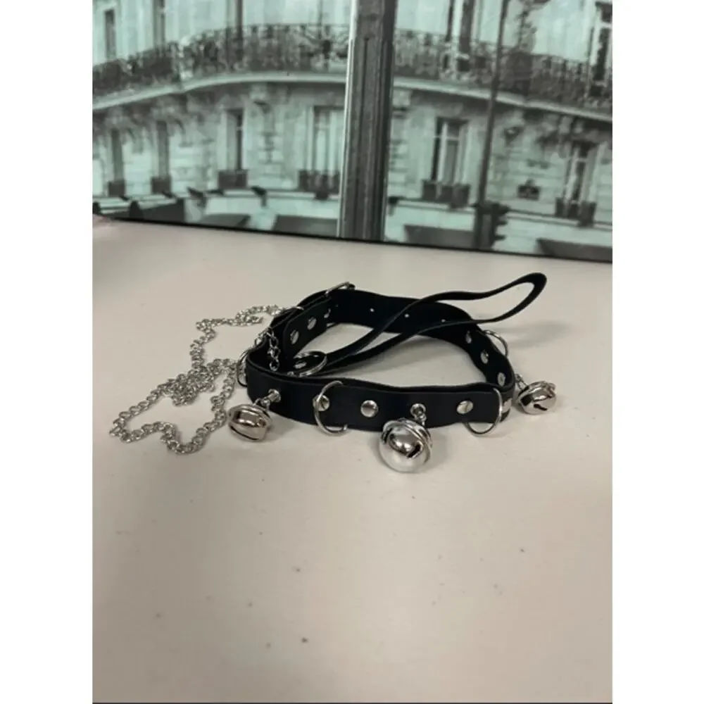 Punk Goth Black PU Leather Choker Collar with Bells and Leash Set